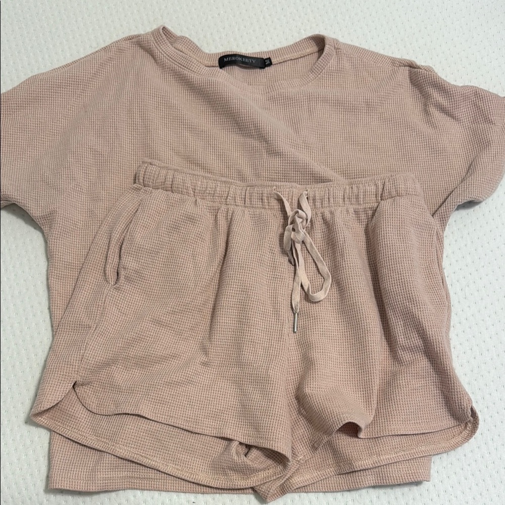 Beige Waffle Knit Lounge Set
